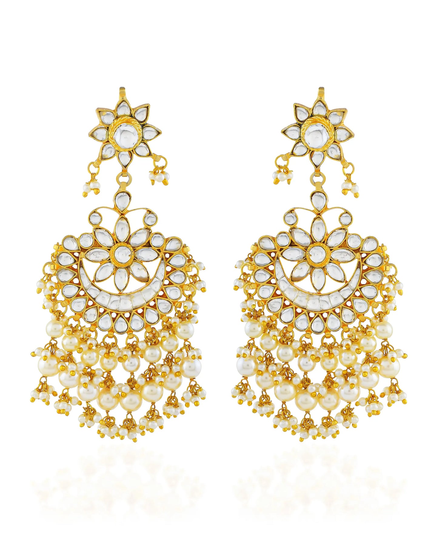 Gold Plated Kundan Chandbali Earrings with Pearl Drops