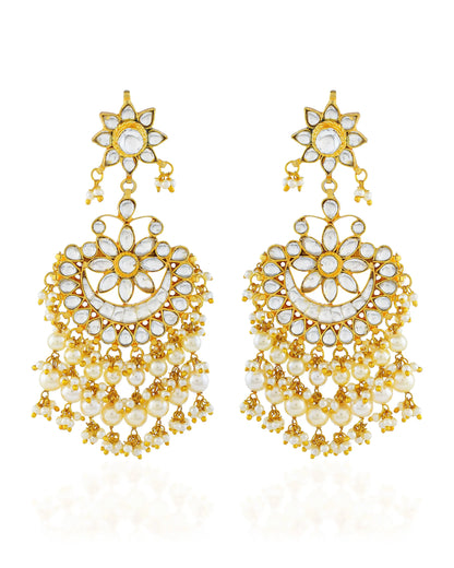 Gold Plated Kundan Chandbali Earrings with Pearl Drops
