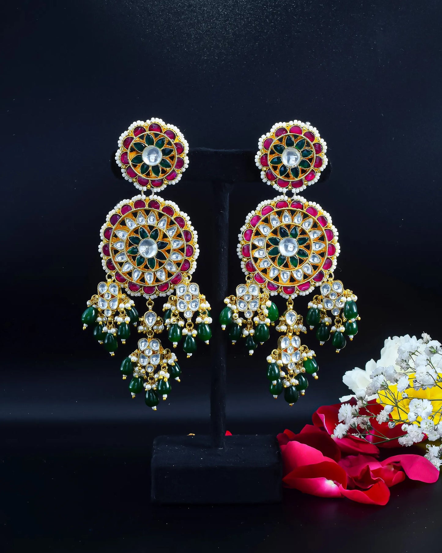 Long Gold-Plated Polki Jadau Earrings, Green Bead Drops Floral Jewelry