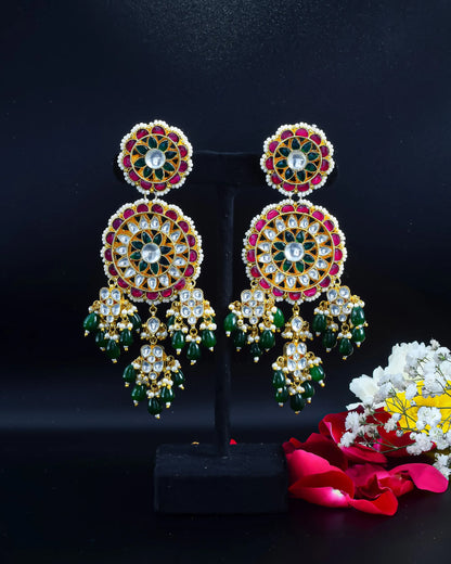Long Gold-Plated Polki Jadau Earrings, Green Bead Drops Floral Jewelry