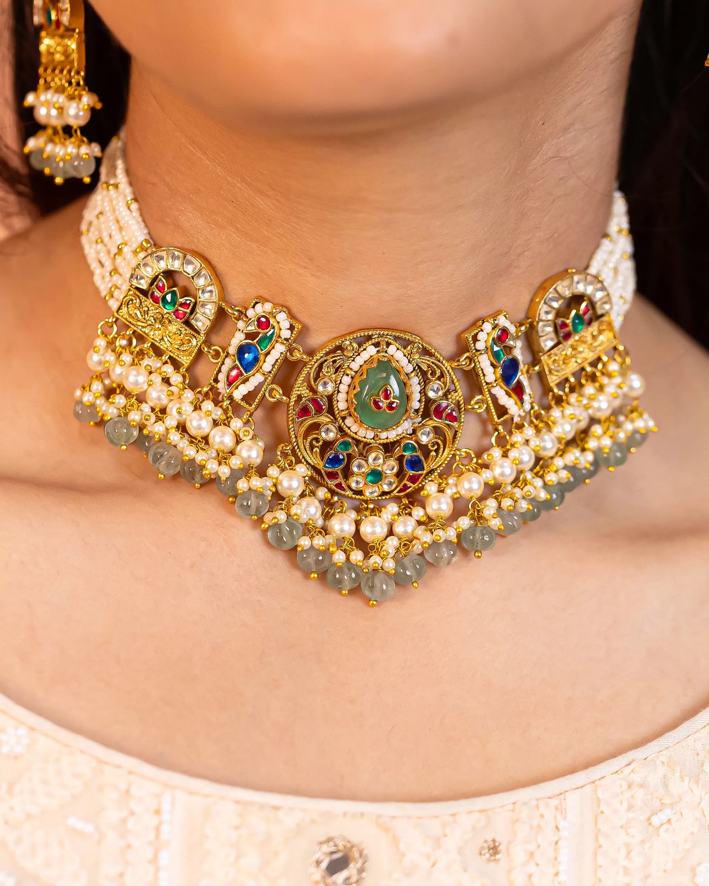 Green Pearl Kundan Choker Set, Indian Bridal Necklace with Beads Earrings