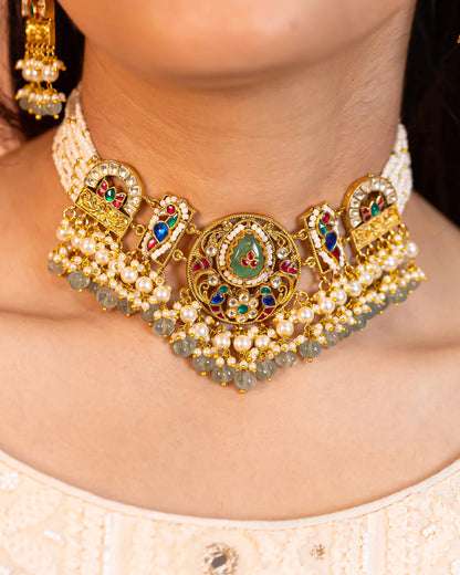 Green Pearl Kundan Choker Set, Indian Bridal Necklace with Beads Earrings