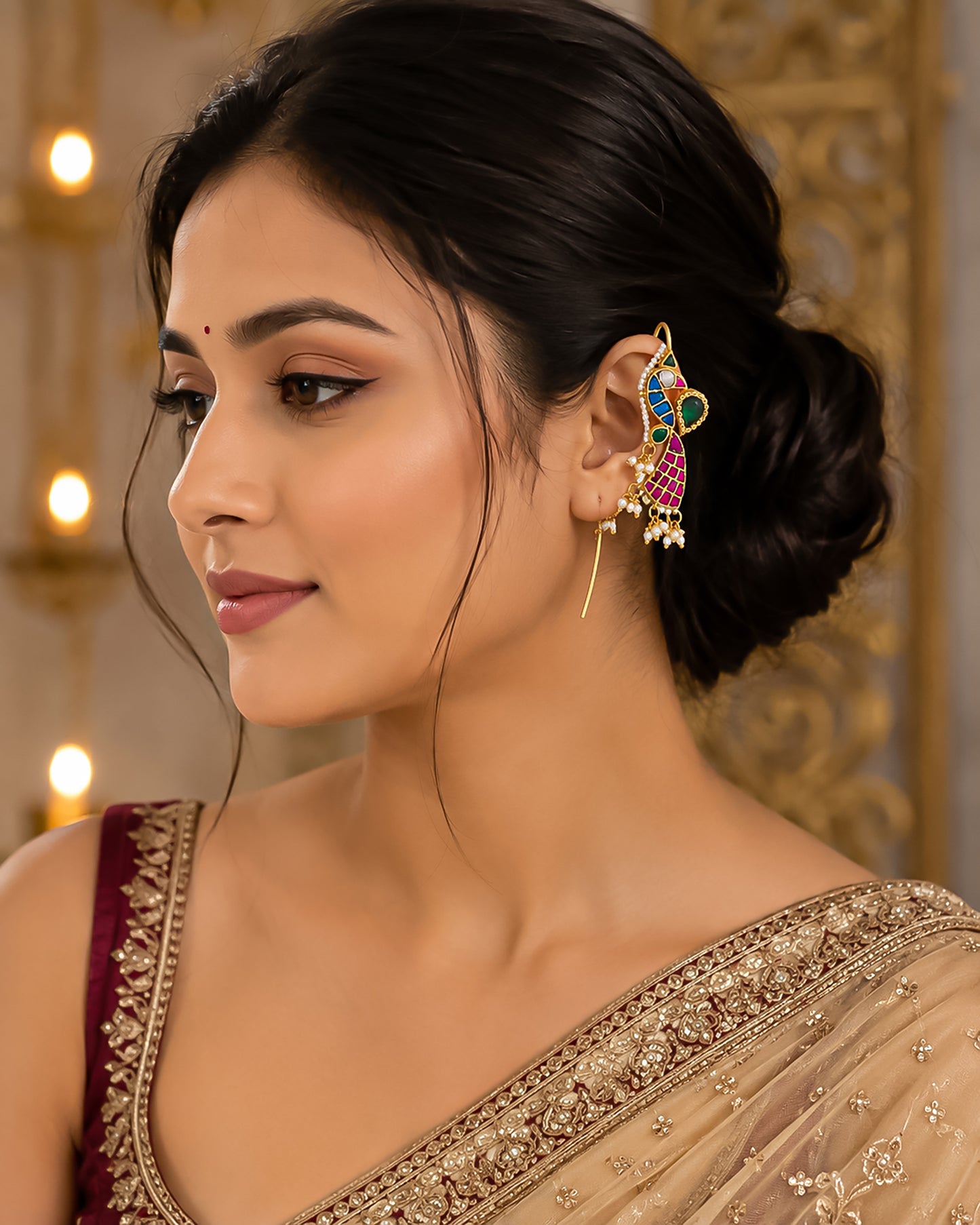 Gold Plated Peacock Kundan Ear Cuff Earrings