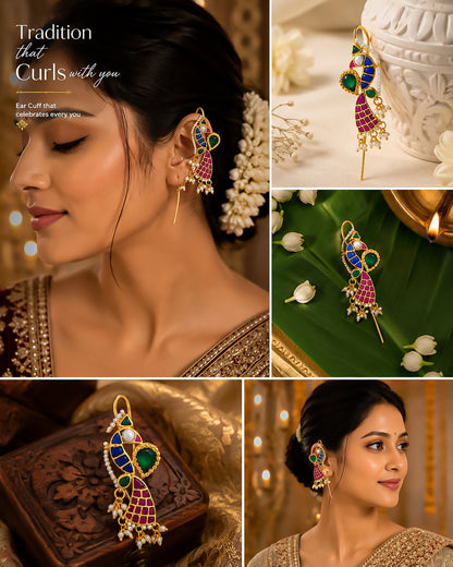 Gold Plated Peacock Kundan Ear Cuff Earrings