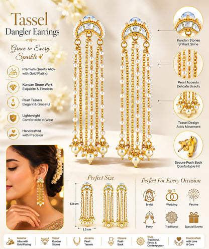 Gold Plated Kundan Pearl Tassel Earrings