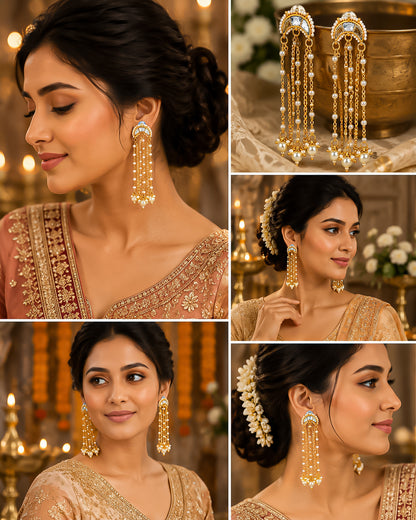 Gold Plated Kundan Pearl Tassel Earrings