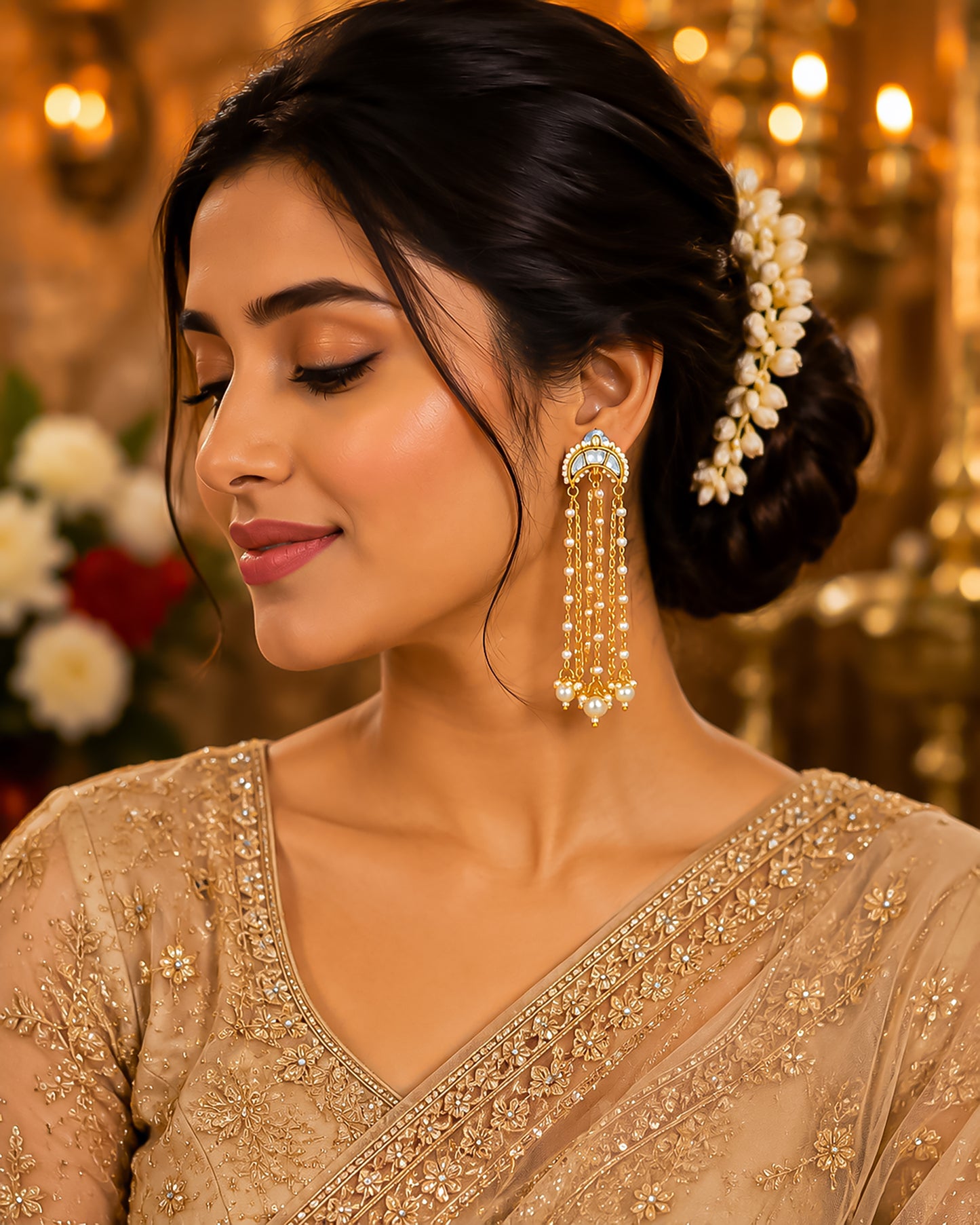 Gold Plated Kundan Pearl Tassel Earrings