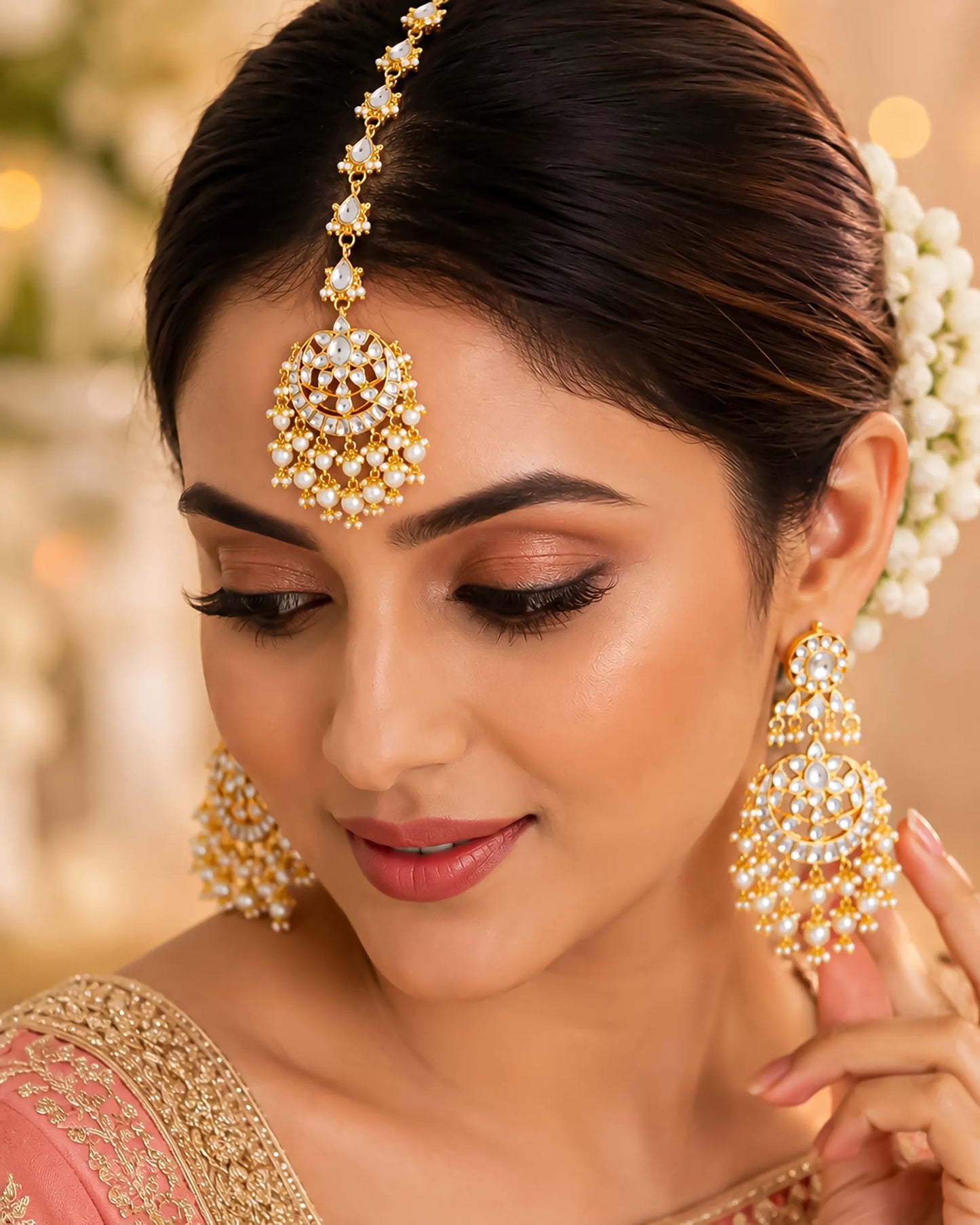 Kundan Pearl Maang Tikka and Chandbali Set
