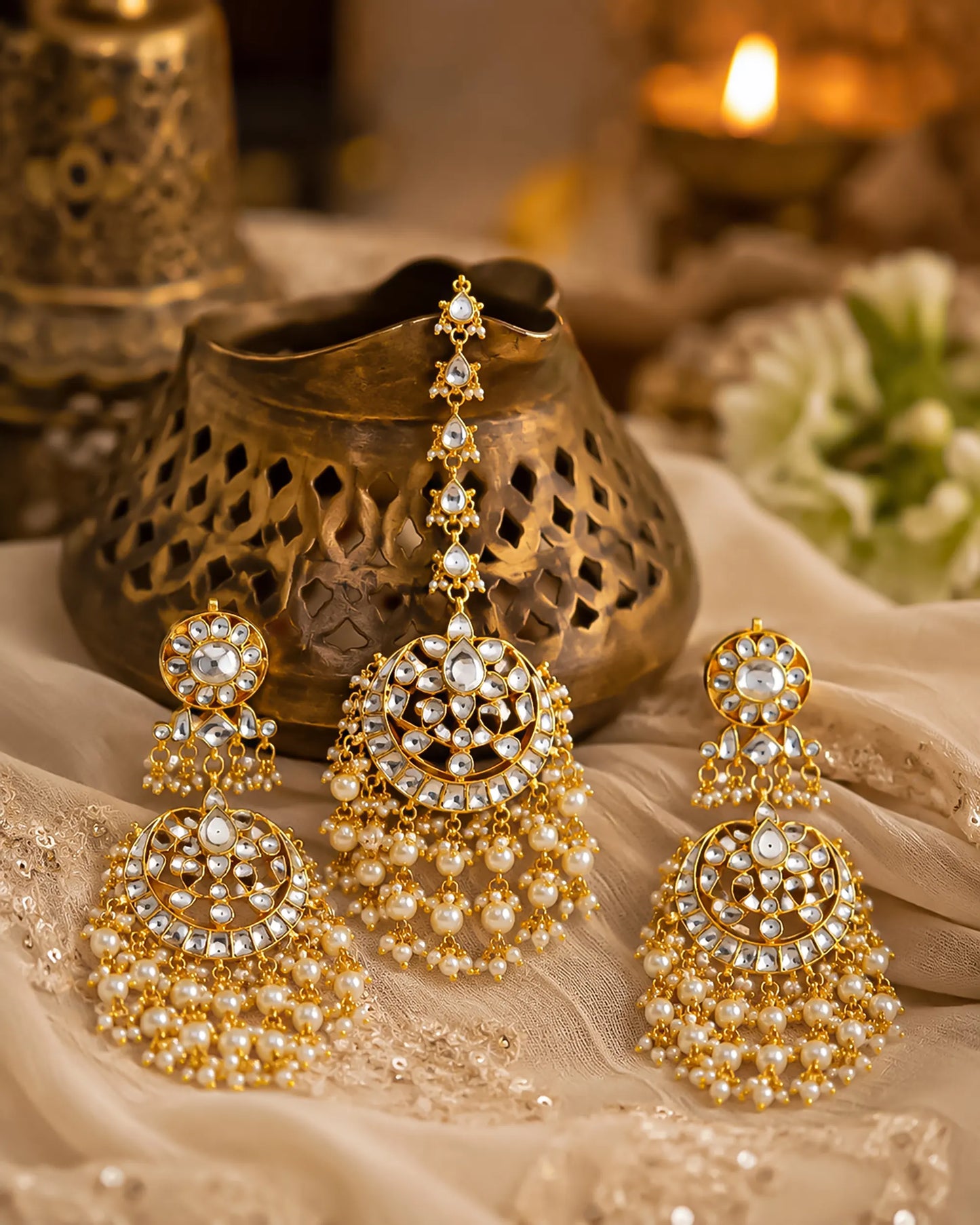 Kundan Pearl Maang Tikka and Chandbali Set