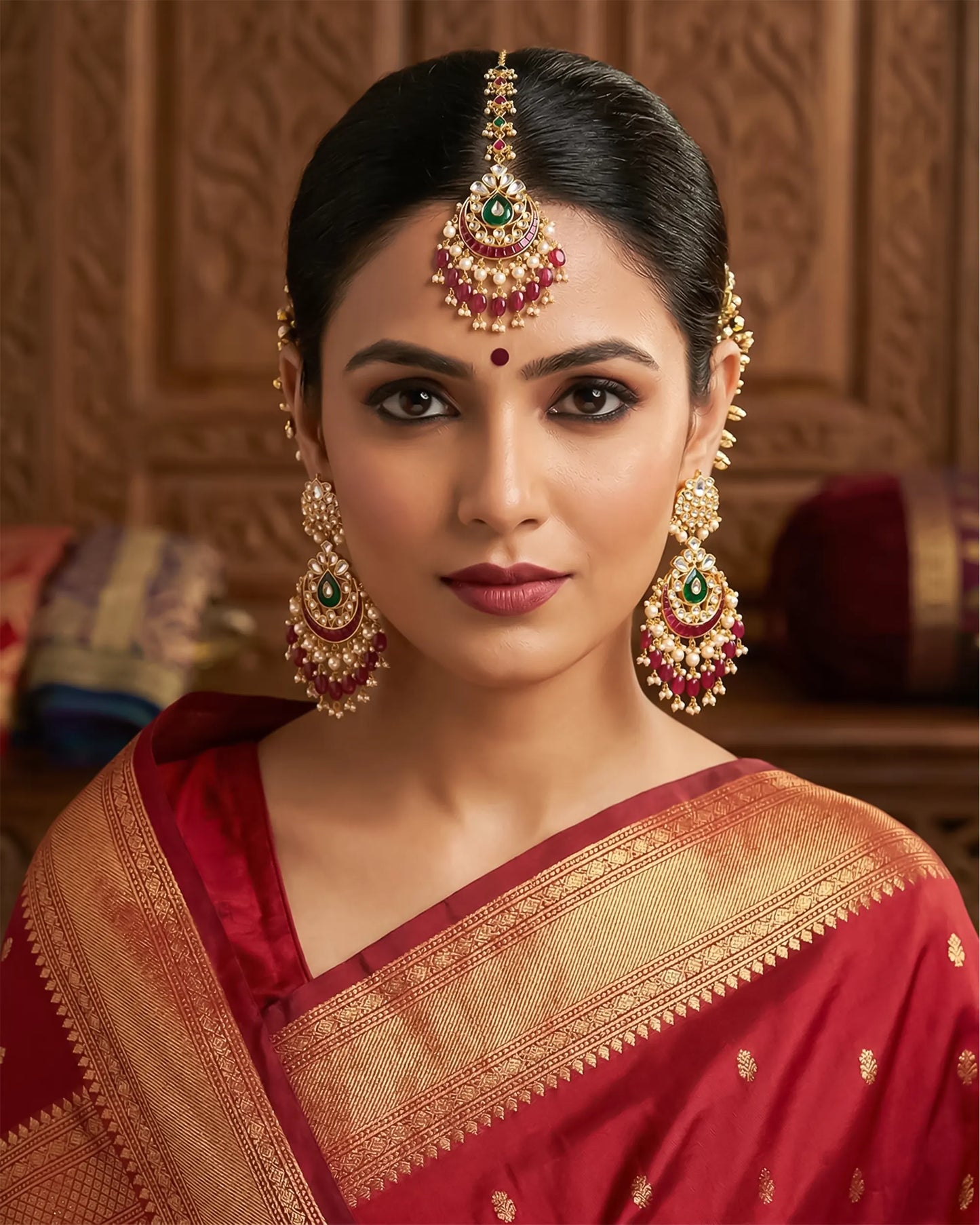 Handmade Kundan Bridal Jewelry Set: Green & Pearl Maang Tikka Earrings