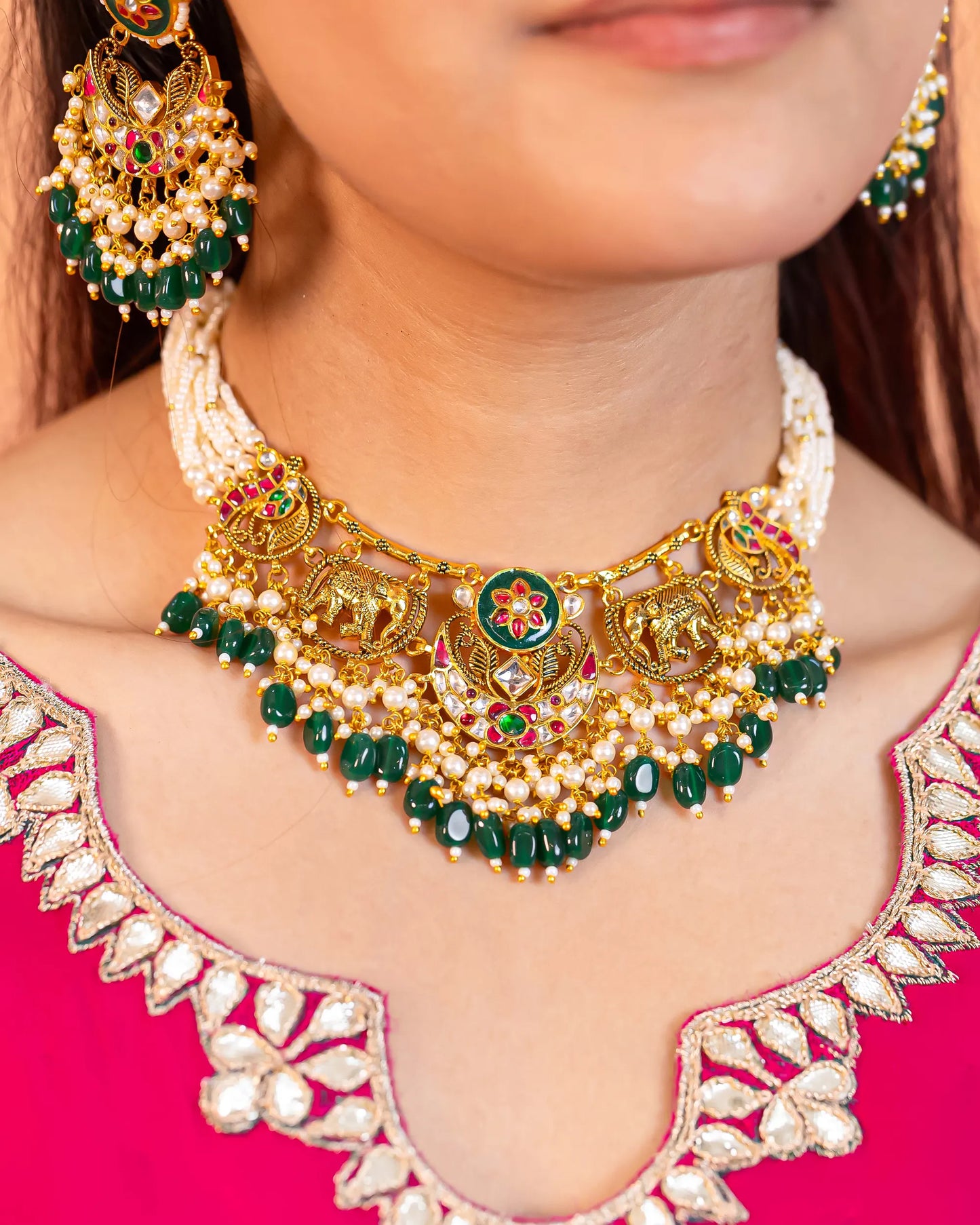 Kundan Pearl Choker Set, Multicolor Stone Necklace & Earrings, Indian Bridal Wedding Jewelry