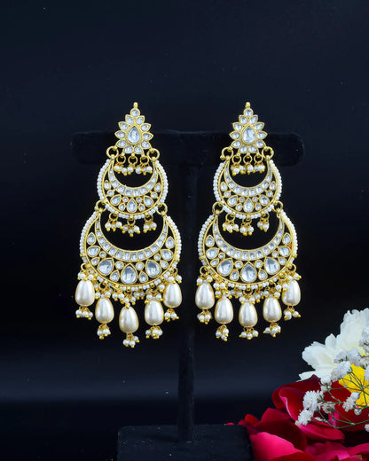 Jadau Chandbali Earrings, Polki Pearl Drop Gold Plated Jewelry