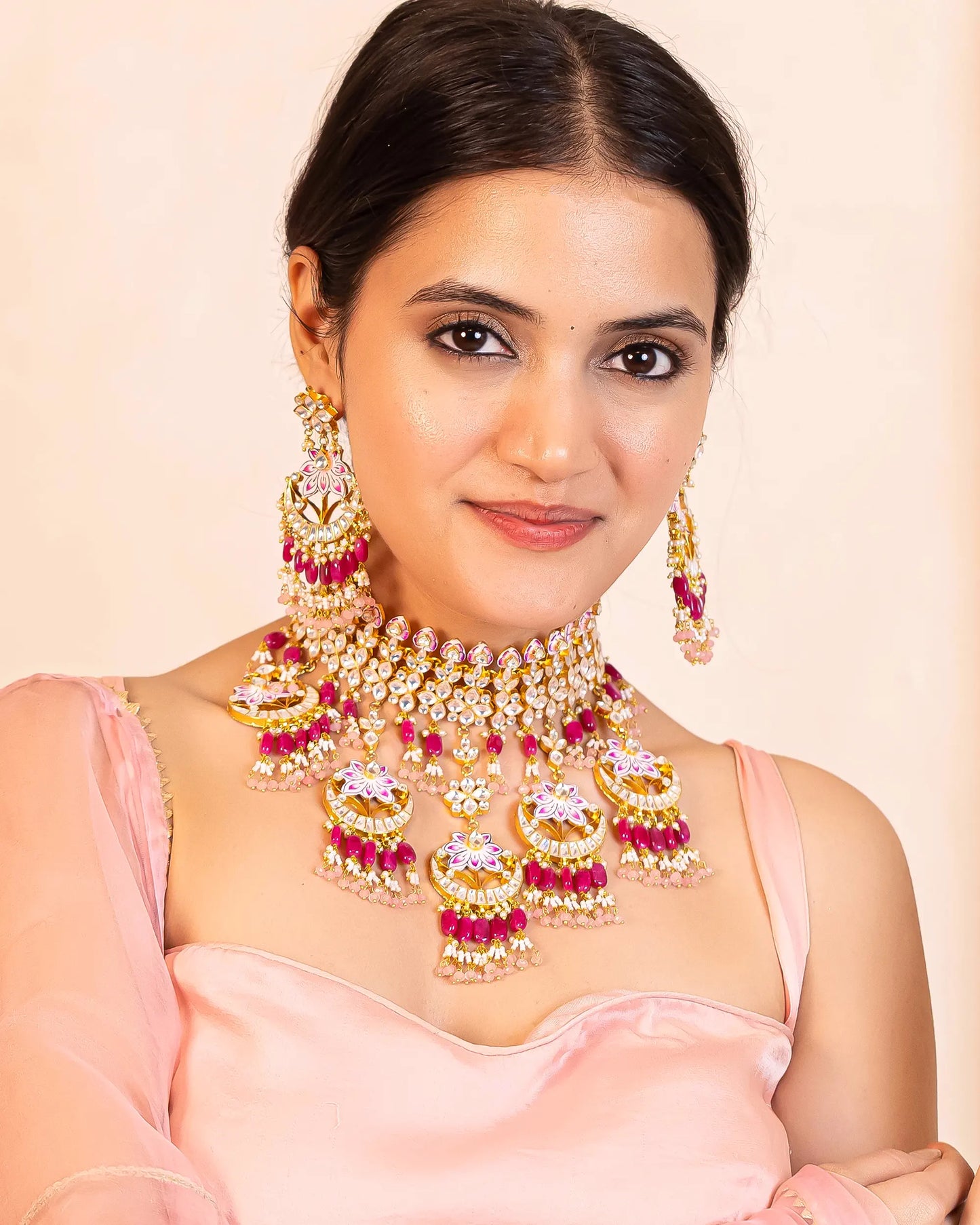 Pink Kundan Choker Set Jewelry – Gold Plated Indian Bridal Necklace & Earrings
