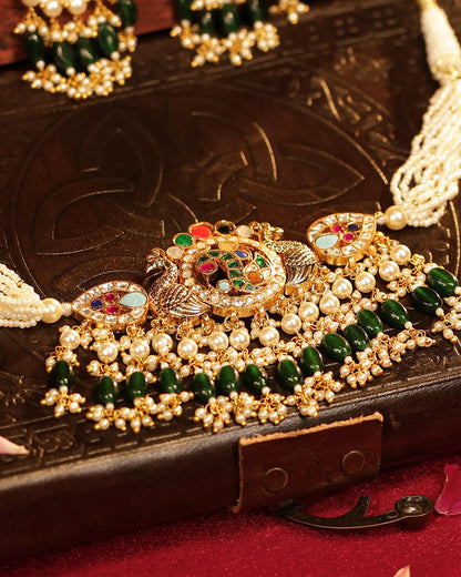Green Bead Kundan Choker Set, Gold-Plated Indian Bridal Wedding Necklace, Traditional Jewelry