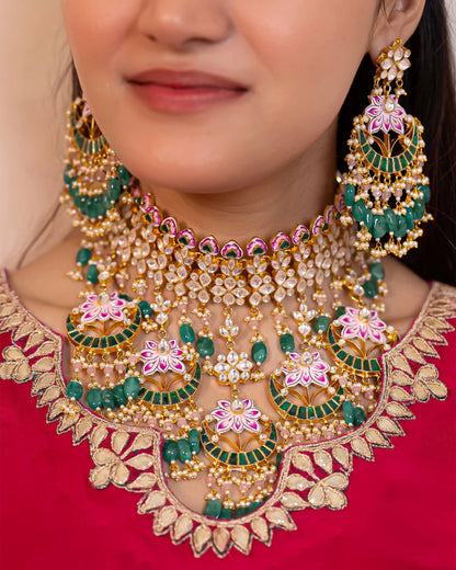 Gold Plated Kundan Choker Set with Multicolor Stones, Meenakari Bridal Necklace, Traditional Indian Jewelry
