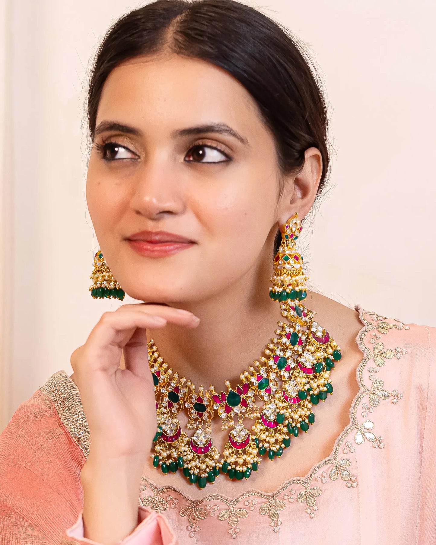 Gold Plated Kundan Choker Necklace Set with Tikka, Pink Green Beads Bridal Jewelry