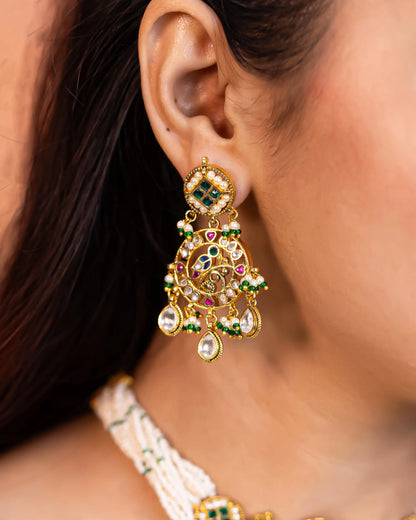 Multicolor Kundan Choker Set with Pearls, Indian Necklace & Earrings for Bride