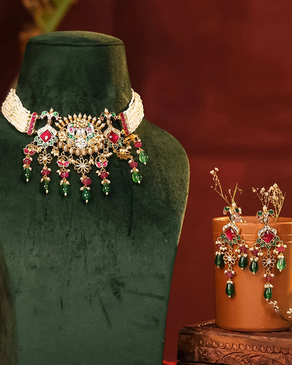 Handicraft Kundan Pearl Choker Set Jewelry, Green & Pink Bead Necklace Earrings