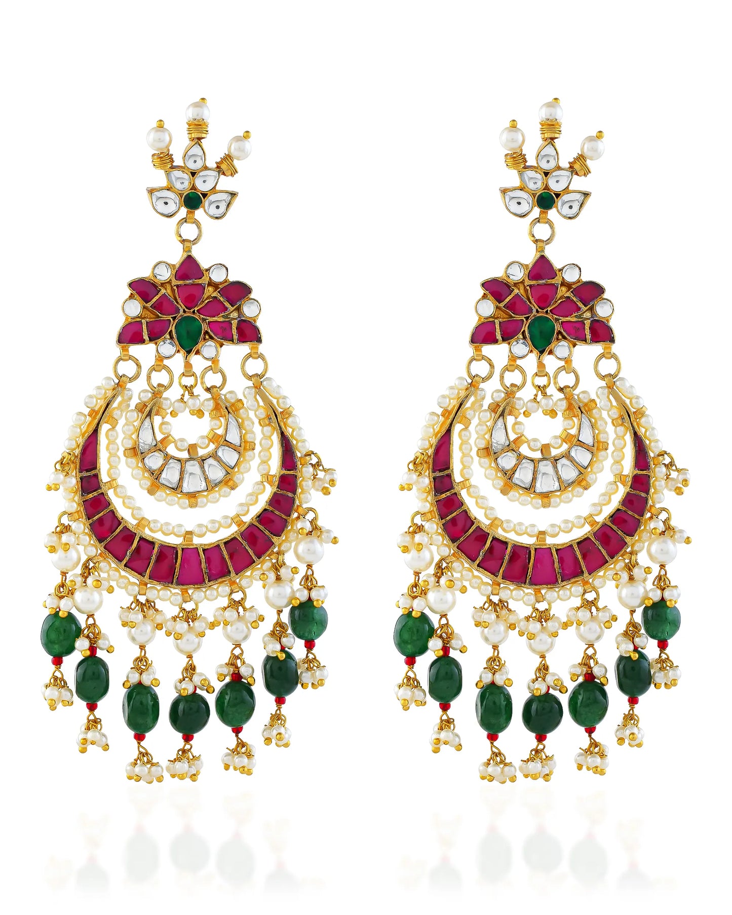 Gold Plated Jadau Chandbali Earrings with Pearl and Stone Drops