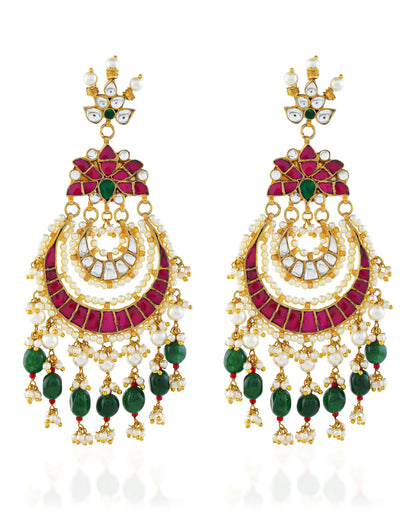 Gold Plated Jadau Chandbali Earrings with Pearl and Stone Drops