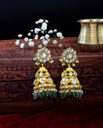 Gold Plated Kundan Jhumka Earrings with Green Beads