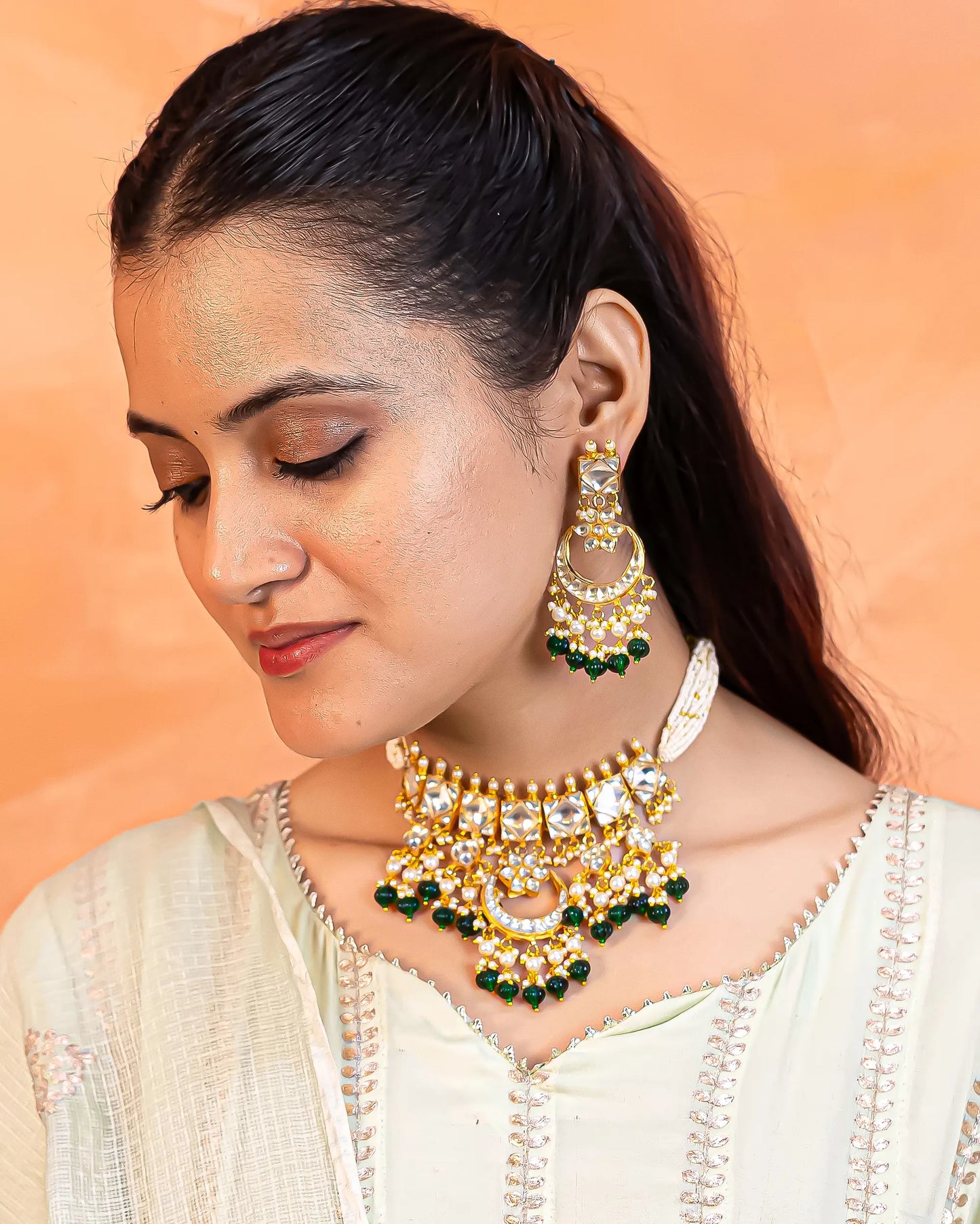 Handcrafted Kundan Choker Set, Pearl Necklace, Green Bead Earrings Jewelry