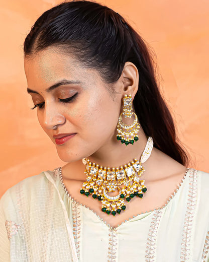 Handcrafted Kundan Choker Set, Pearl Necklace, Green Bead Earrings Jewelry
