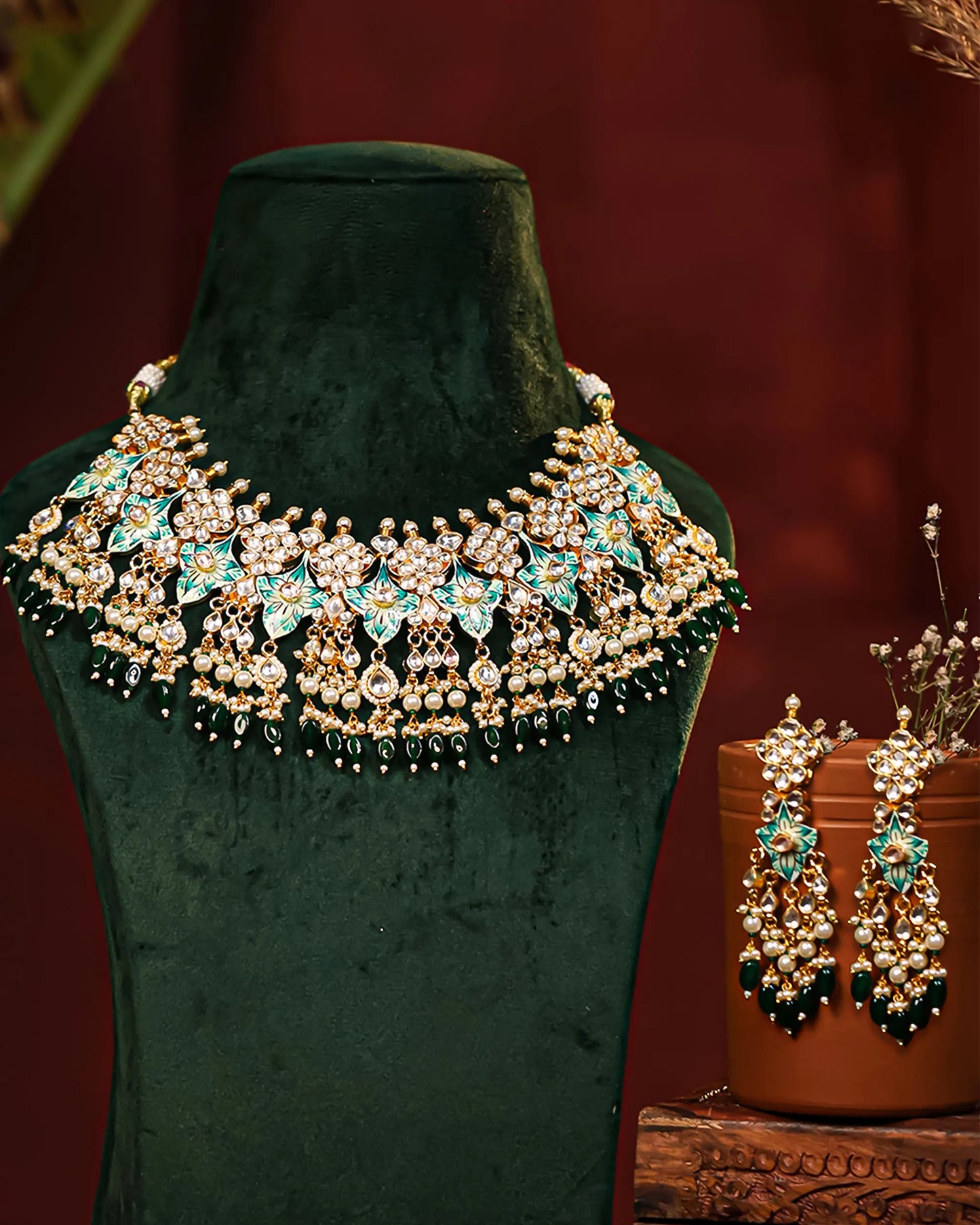 Aqua Blue Kundan Choker Necklace Set, Pearl Beads and Earrings Jewelry