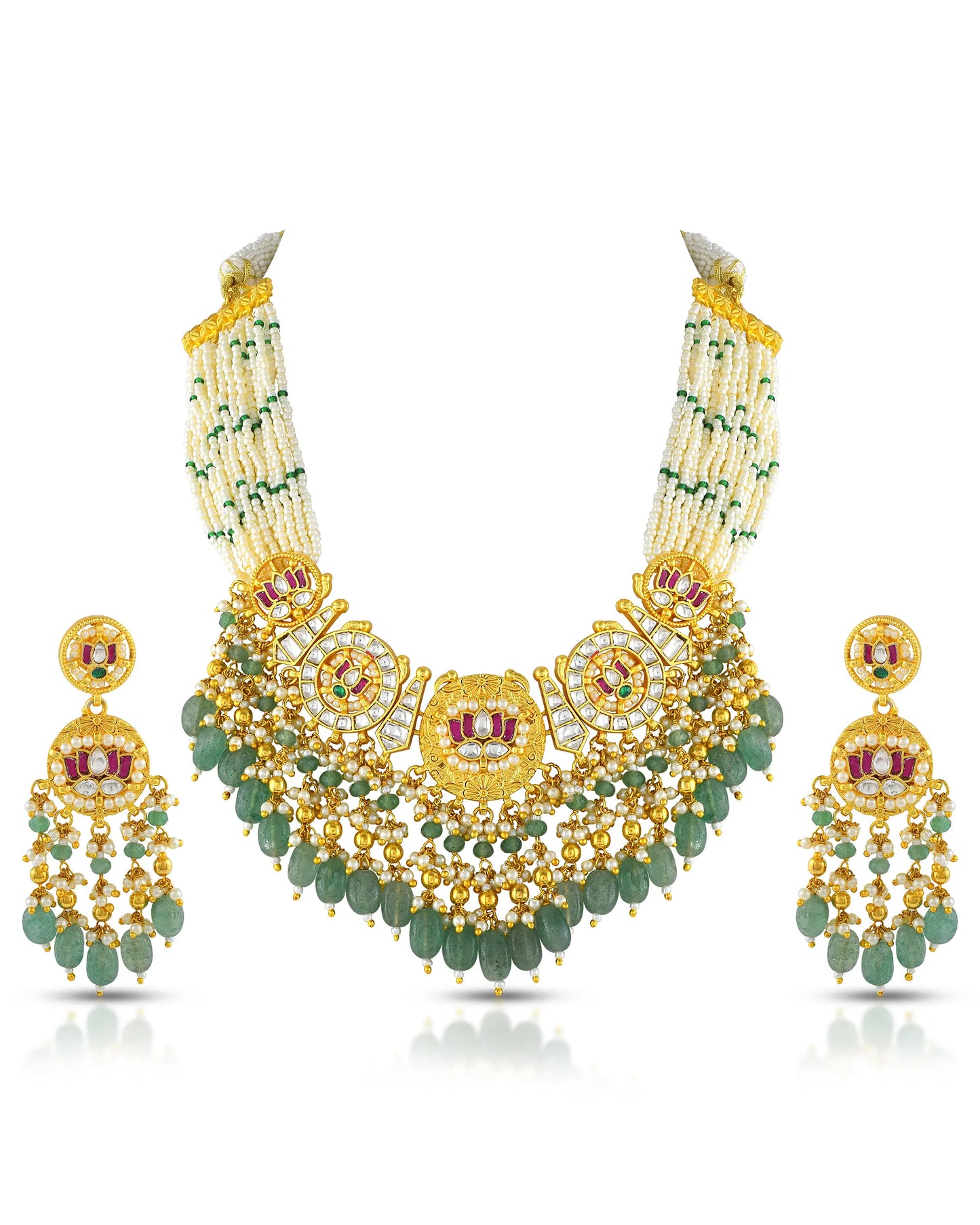 Kundan Choker Necklace Set, Green Bead & Pearl Indian Wedding Jewelry
