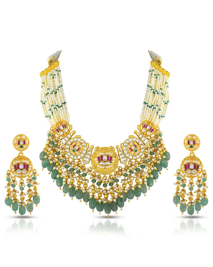 Kundan Choker Necklace Set, Green Bead & Pearl Indian Wedding Jewelry