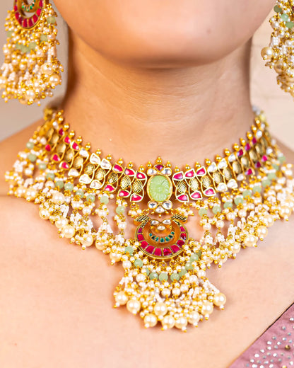 Designer Green Kundan Choker Set for Women, Heavy Bridal Wedding Necklace Jewelry