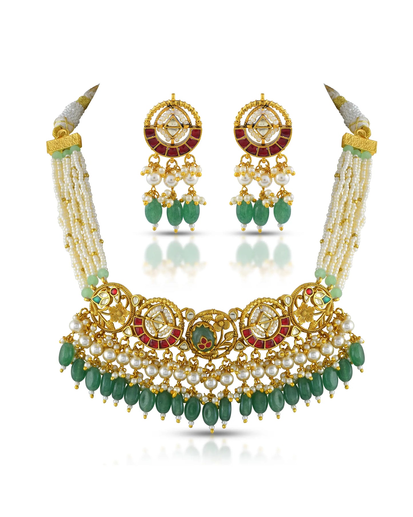 Kundan Pearl Choker Necklace Set with Green Beads – Traditional Indian Bridal Wedding Jewelry