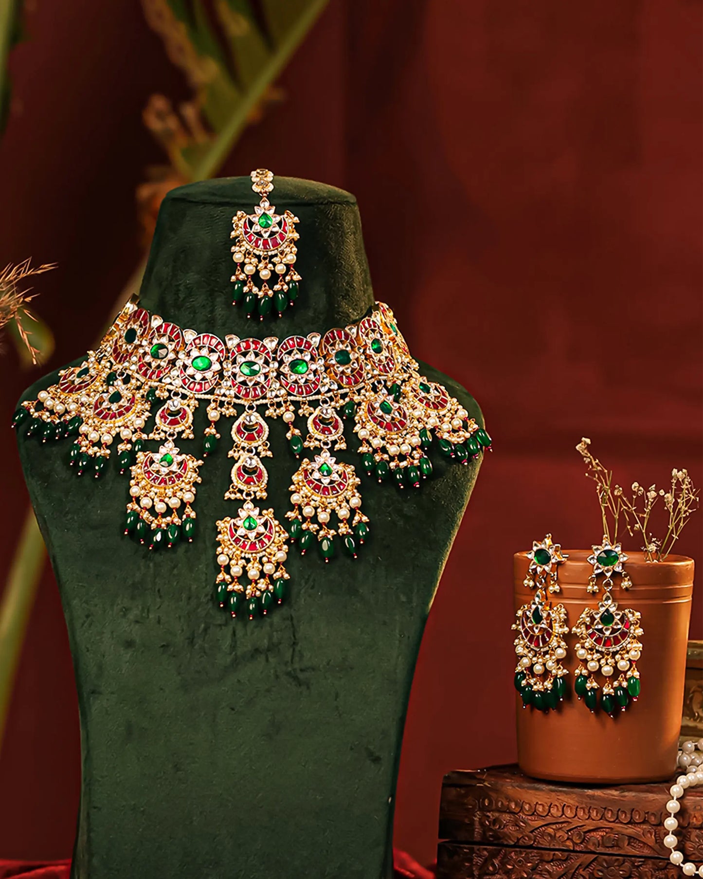 Kundan Choker Set, Green Bead Indian Bridal Handicrafts Fashion Jewelry