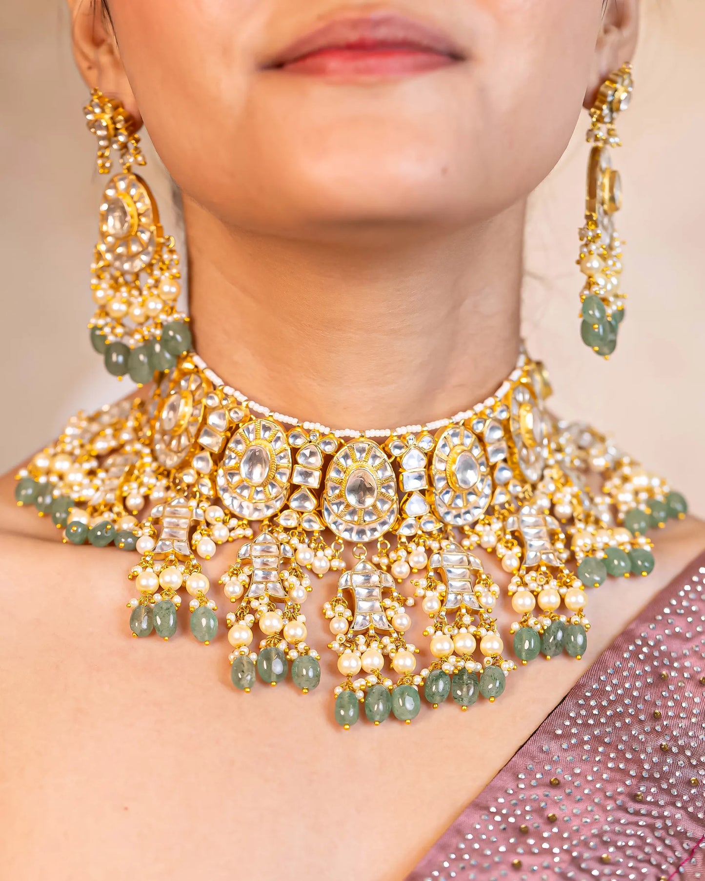 Kundan Choker Set Jewelry, Green Beads Bridal Necklace, Drop Earrings