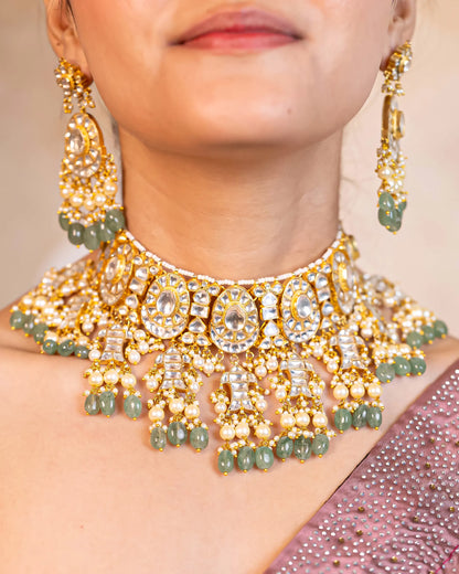Kundan Choker Set Jewelry, Green Beads Bridal Necklace, Drop Earrings