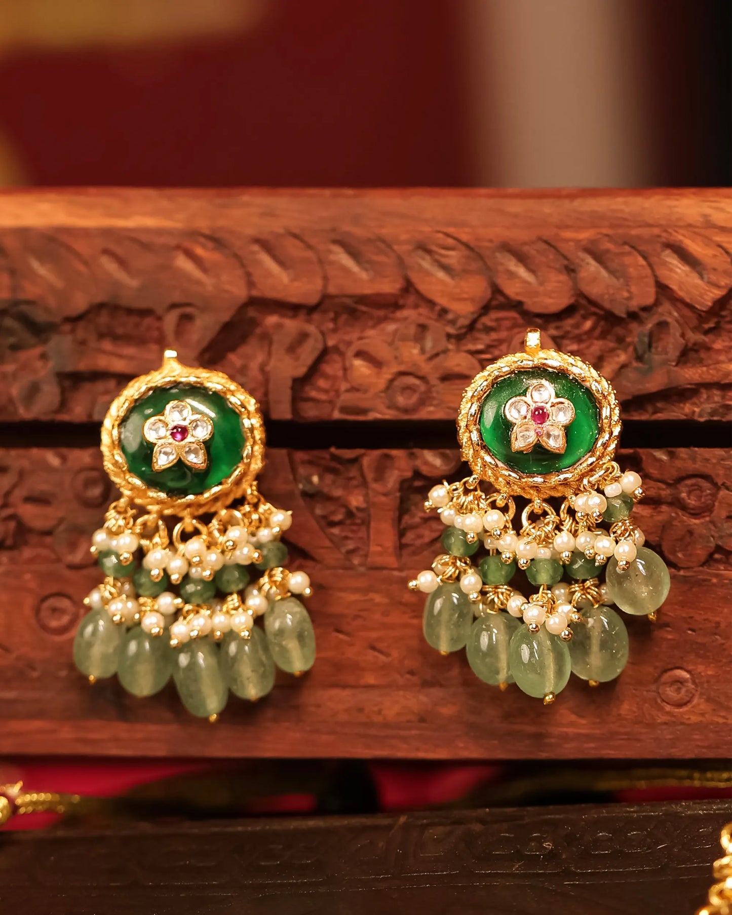 Kundan Choker Bridal Necklace, Green Beads Pearl Earrings, Indian Jewelry Set