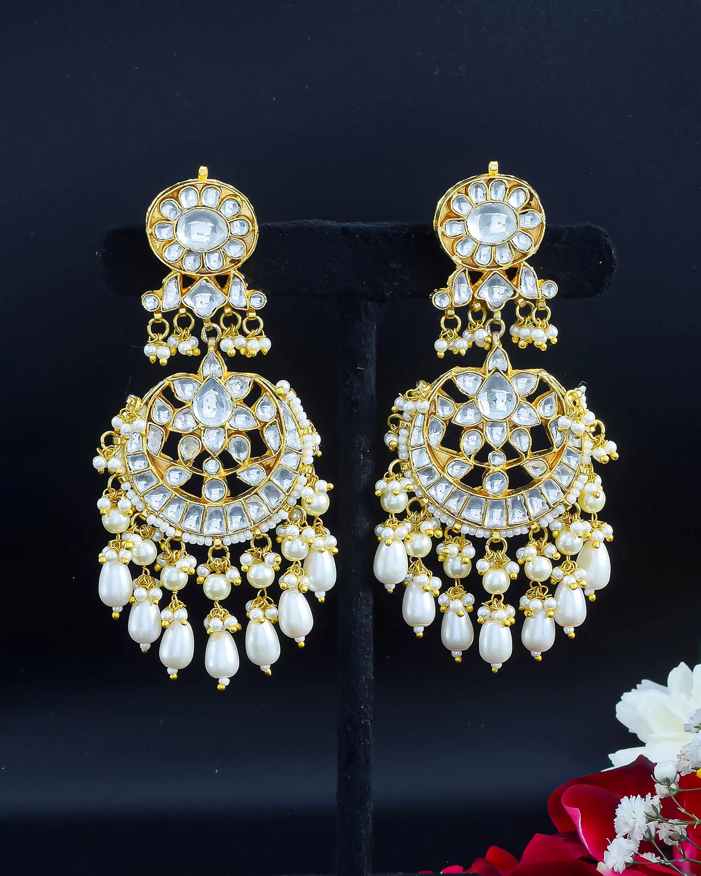 Kundan Pearl Chandbali Earrings, 18K Gold Plated Jewelry