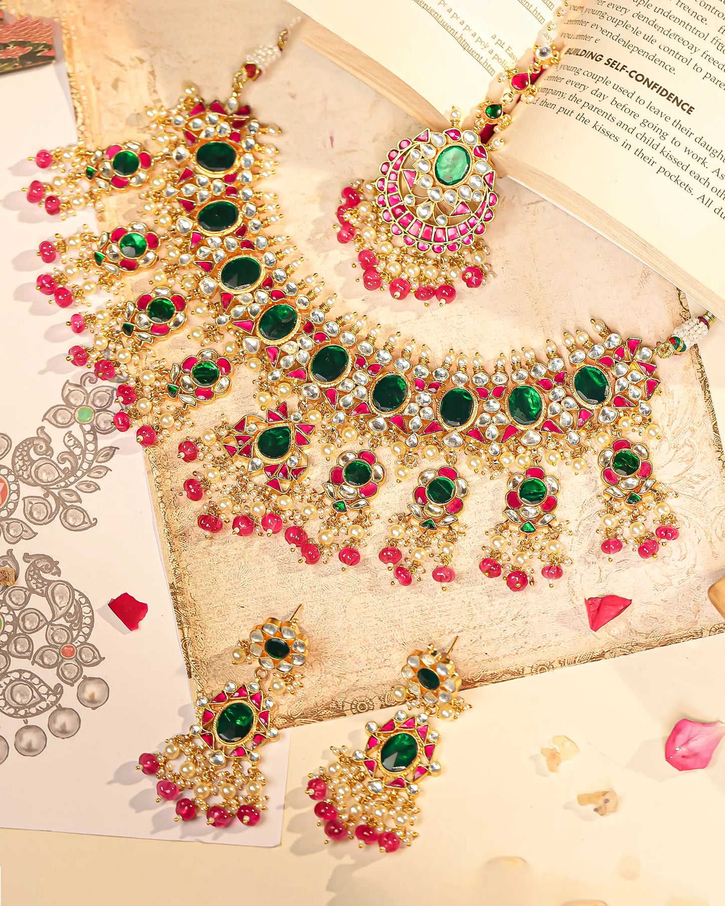 Green Kundan Bridal Jewelry Set Gold Plated Choker, Earrings & Maang Tikka