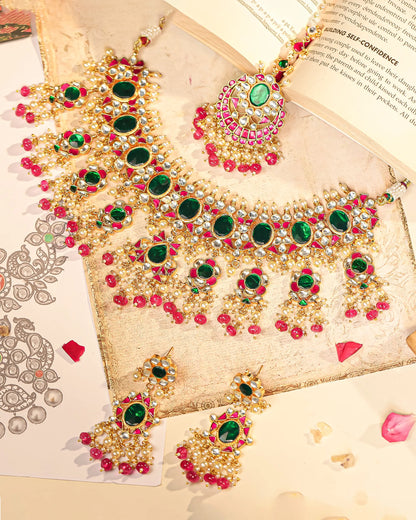 Green Kundan Bridal Jewelry Set Gold Plated Choker, Earrings & Maang Tikka