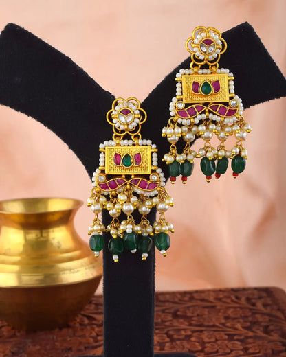 Kundan Lotus Necklace Set with Pearl Beads, 18K Gold-Plated Indian Jewelry