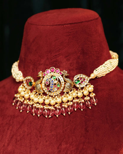 Peacock Kundan Choker Set with Pearl Earrings, Bridal Wedding Necklace Traditional Jewelry