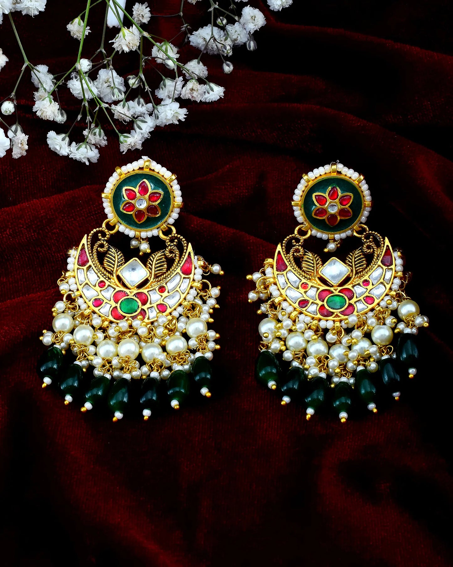 Polki Pearl and Green Drop Chandbali Earrings