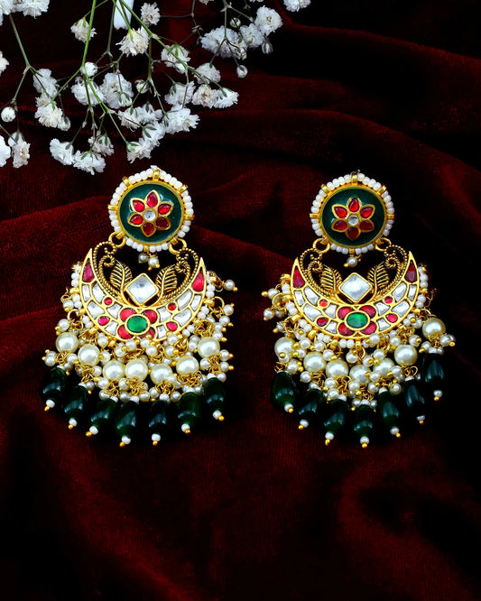 18K Gold Plated Chandbali Earrings, Polki and Pearl & Green Drops Jewelry
