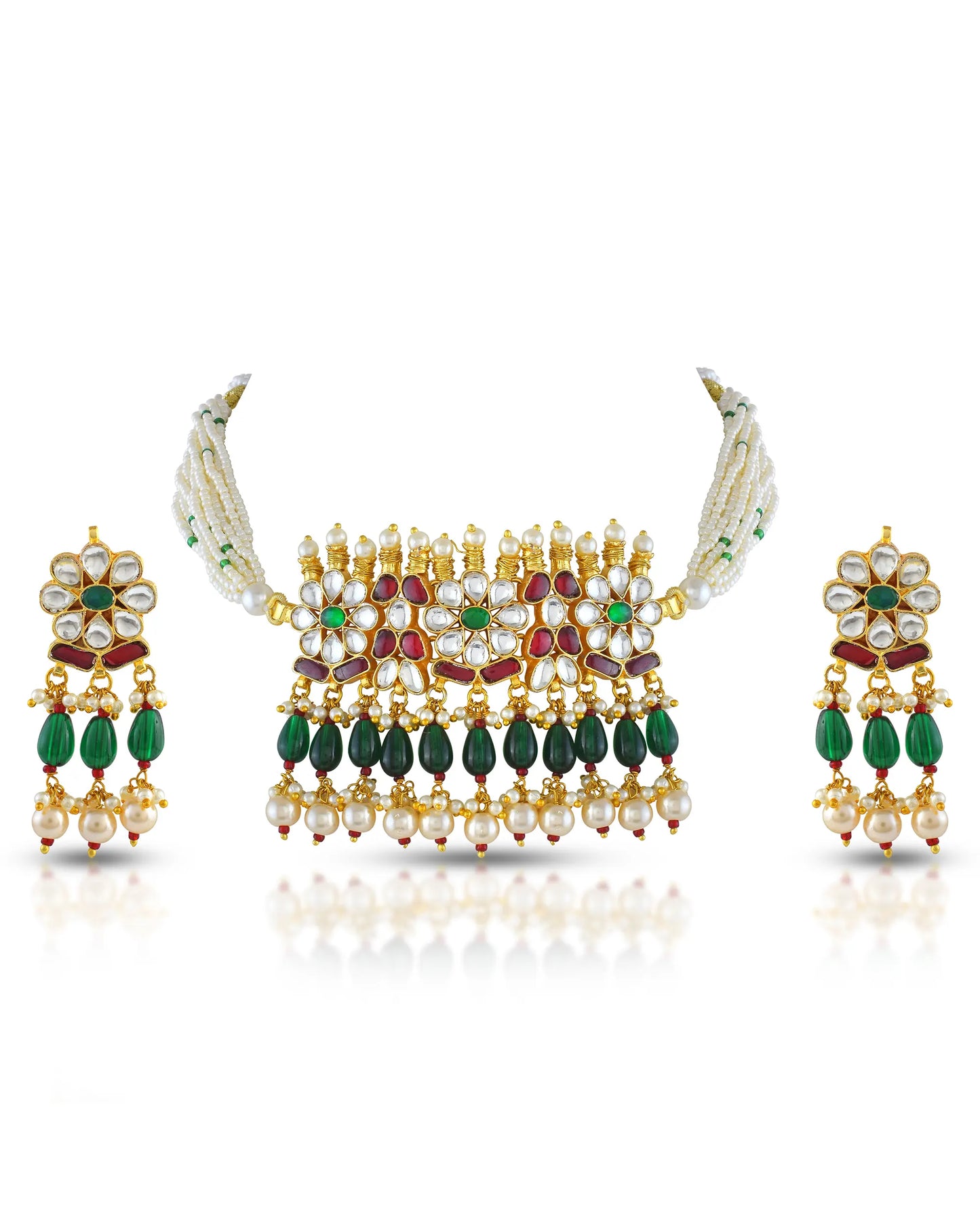 Floral Kundan Choker Necklace Set, Green Pearl Drop Earrings, Indian Jewelry
