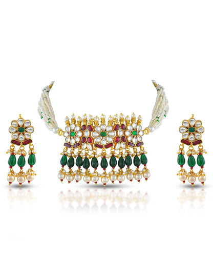 Floral Kundan Choker Necklace Set, Green Pearl Drop Earrings, Indian Jewelry