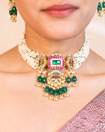 Gold Plated Kundan Choker Set – Green Pink Beaded Bridal Jewelry