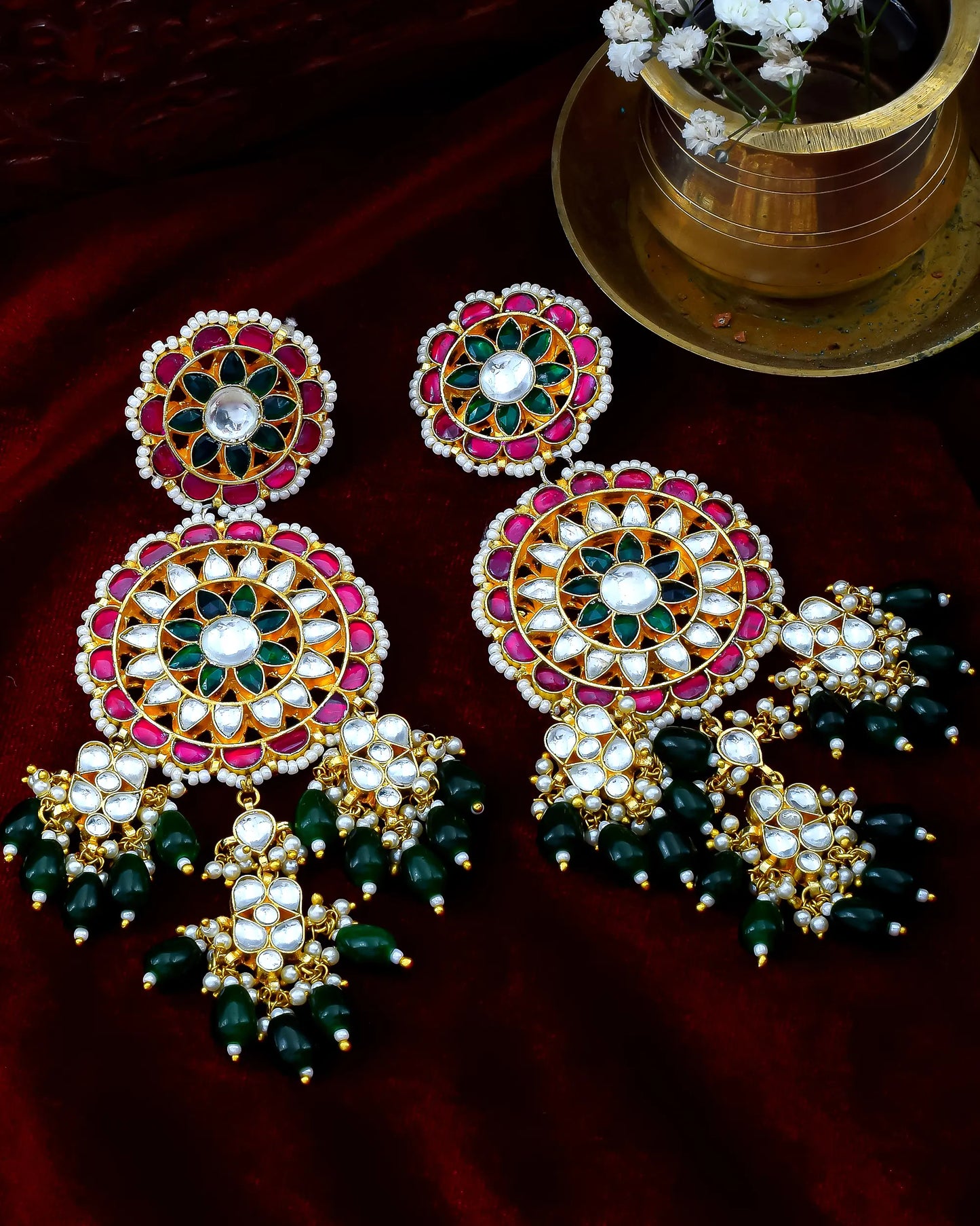 Long Gold-Plated Polki Jadau Earrings, Green Bead Drops Floral Jewelry
