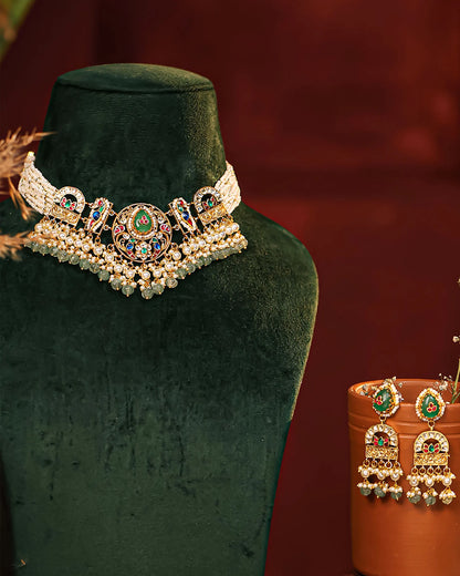 Green Pearl Kundan Choker Set, Indian Bridal Necklace with Beads Earrings