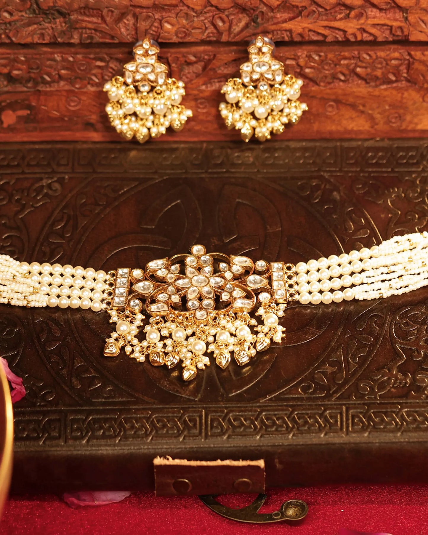 Kundan Pearl Choker Necklace Set, Gold Plated Indian Bridal Jewelry