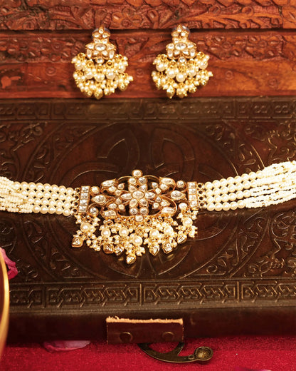 Kundan Pearl Choker Necklace Set, Gold Plated Indian Bridal Jewelry